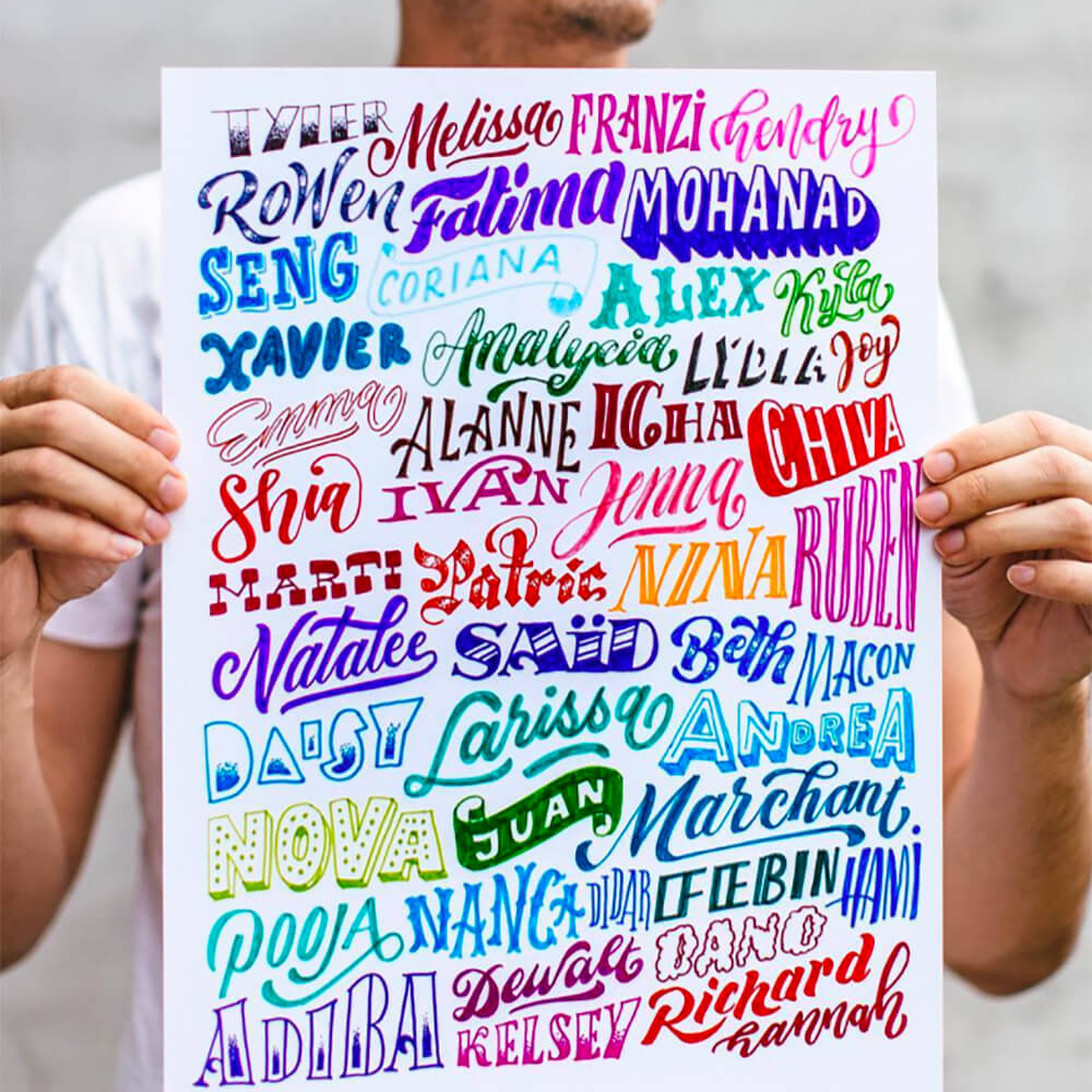 Colorful hand lettered names by Stefan Kunz