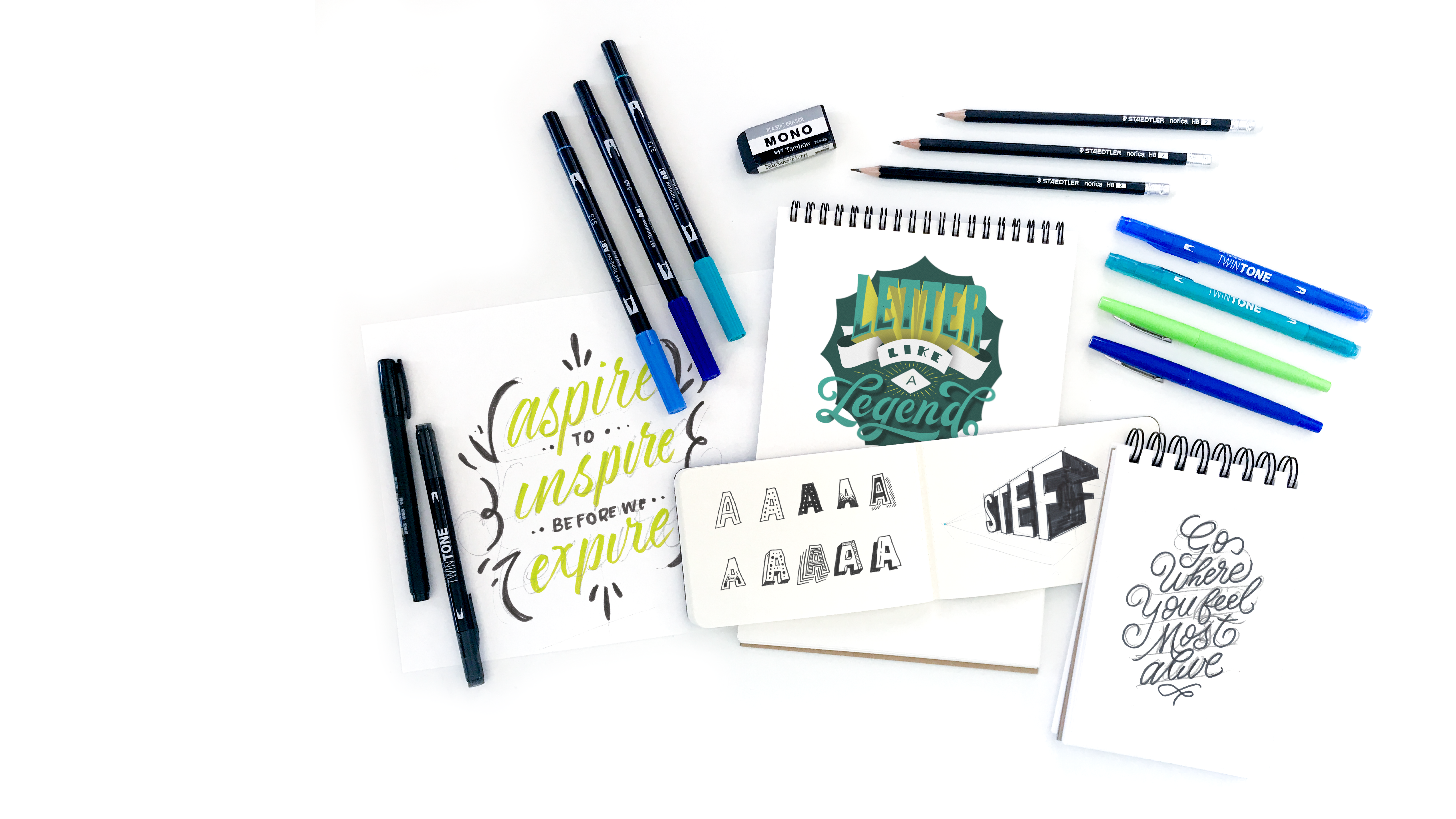 Letter Like a Legend hand lettering notebook and letter samples "Aspire to Inspire before we Expire"