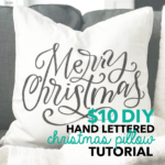 DIY Tutorial for making your own hand lettered Christmas throw pillow with four free printable tracers at amandaarneill.com