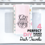 DIY tutorial for making your own hand lettered dishtowel with free tracers from amandaarneill.com